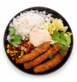 Burrito Bowl with cod, cheese sauce, corn and bean salsa